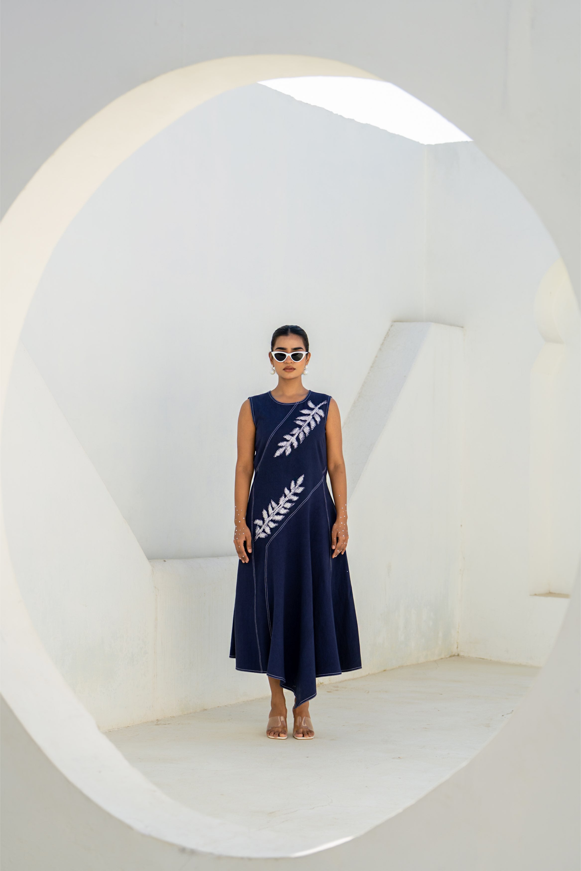 Pixelated Leaf Denim Asymmetrical Dress