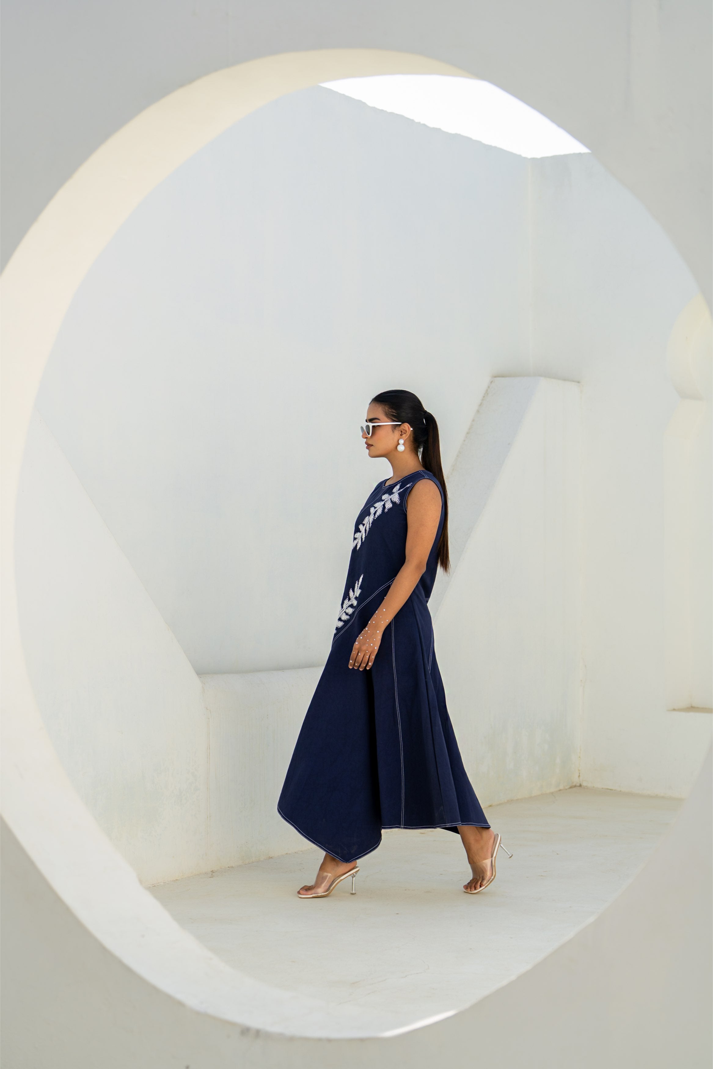 Pixelated Leaf Denim Asymmetrical Dress