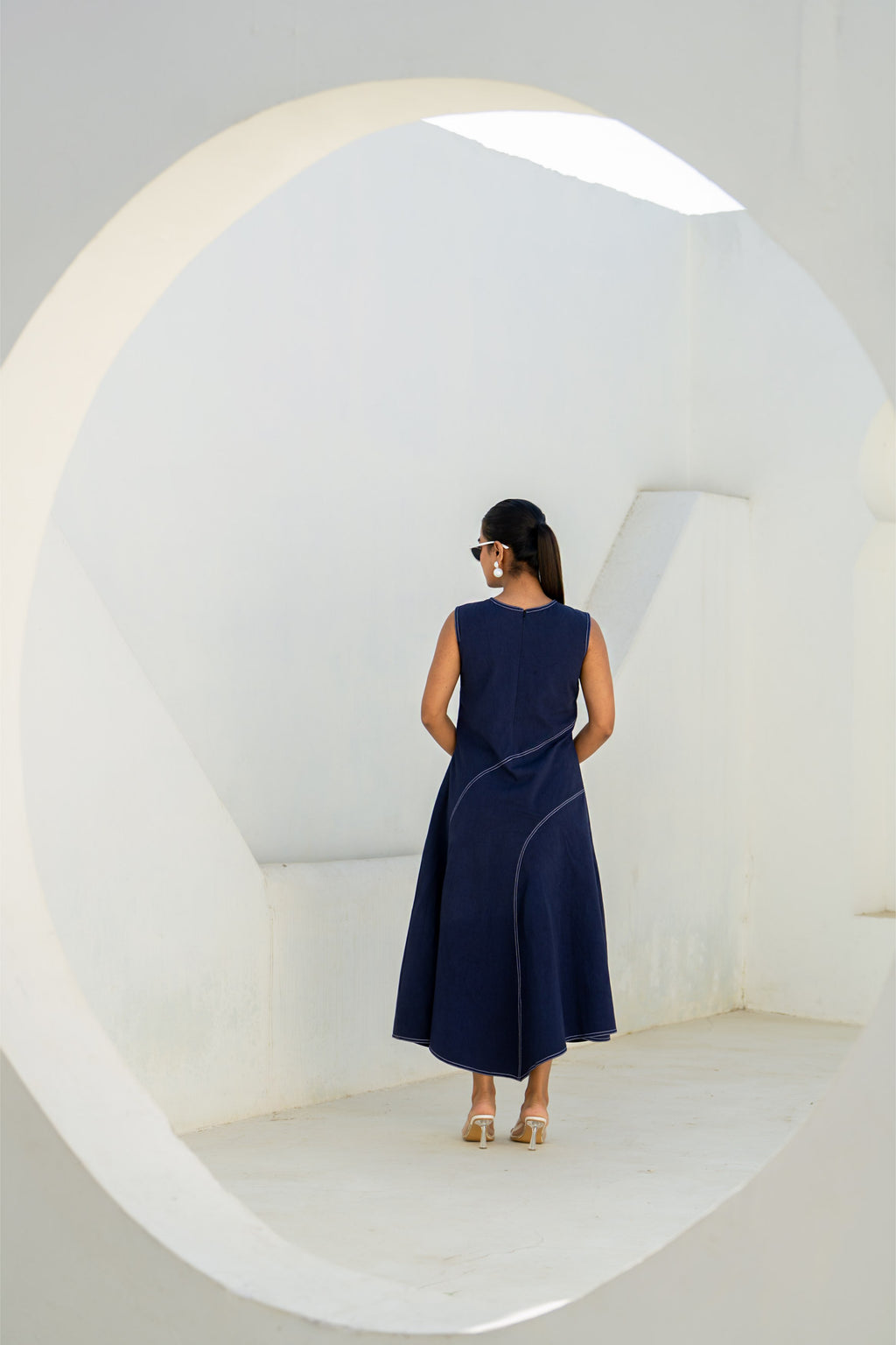 Pixelated Leaf Denim Asymmetrical Dress