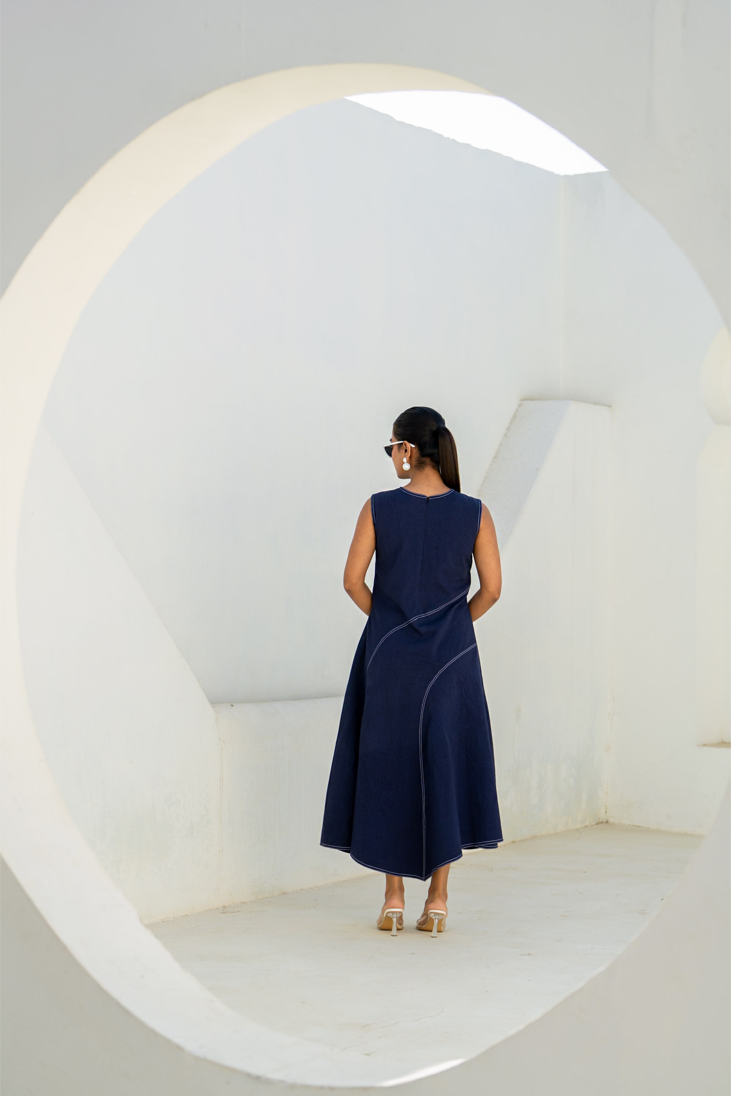 Pixelated Leaf Denim Asymmetrical Dress