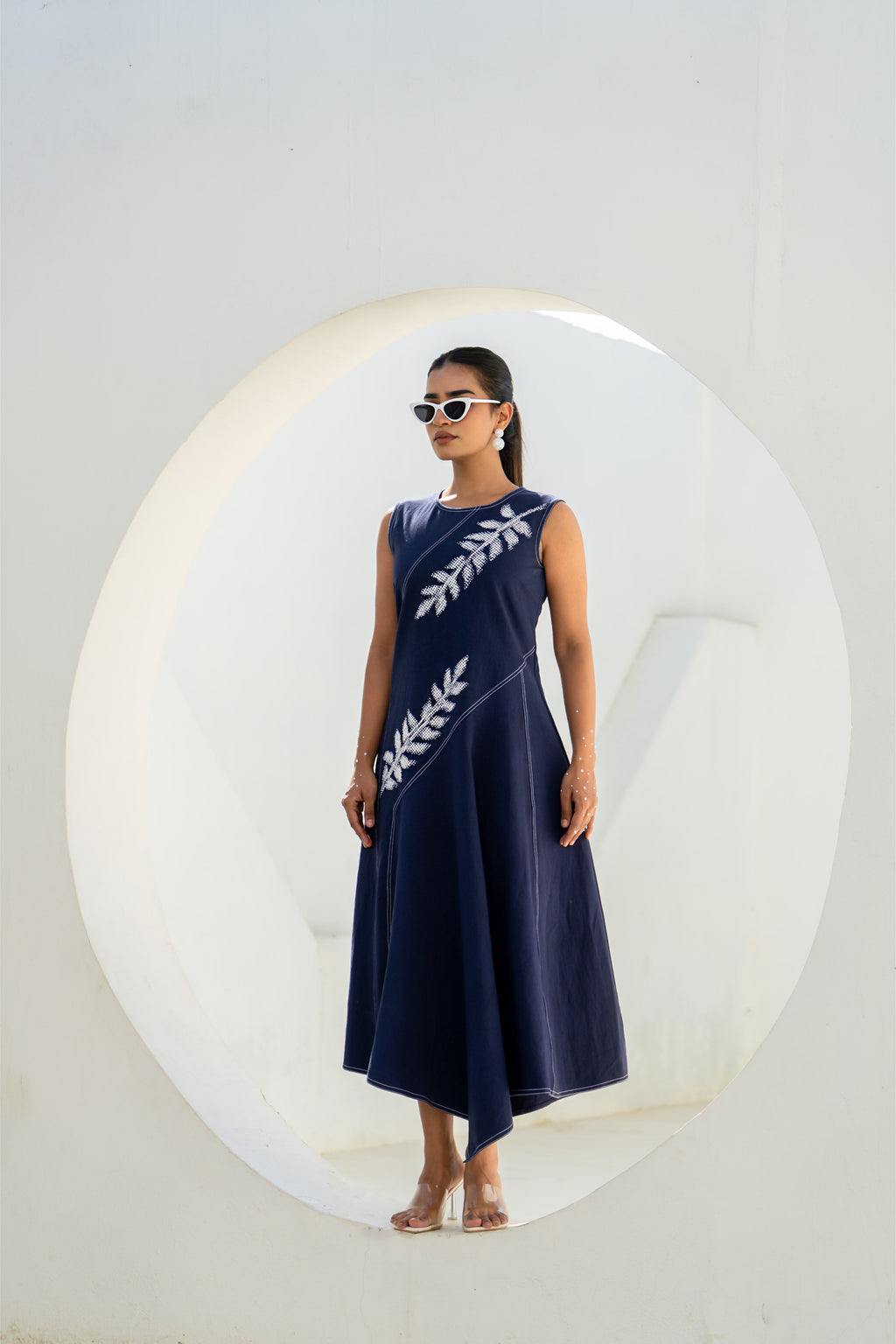 Pixelated Leaf Denim Asymmetrical Dress