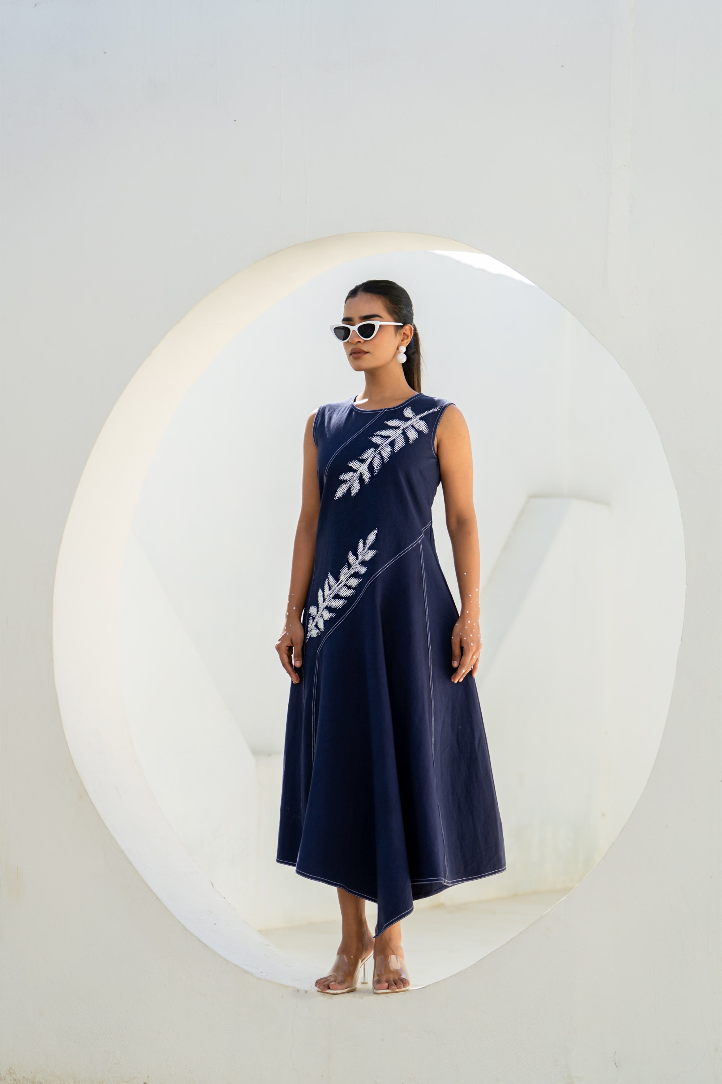 Pixelated Leaf Denim Asymmetrical Dress