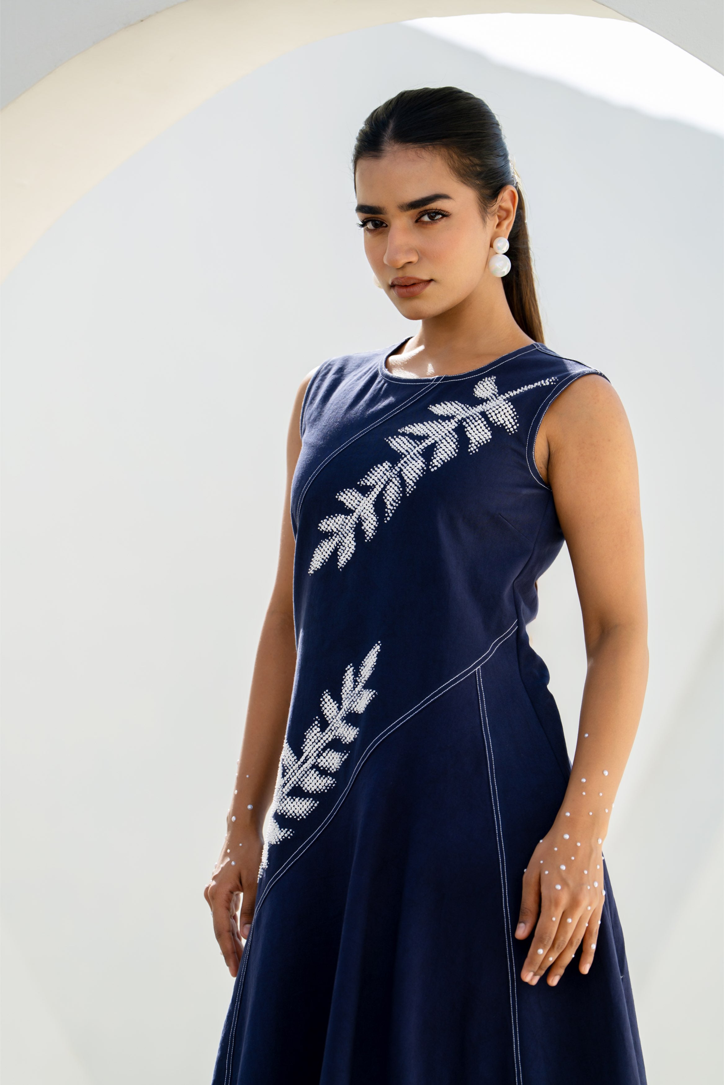 Pixelated Leaf Denim Asymmetrical Dress