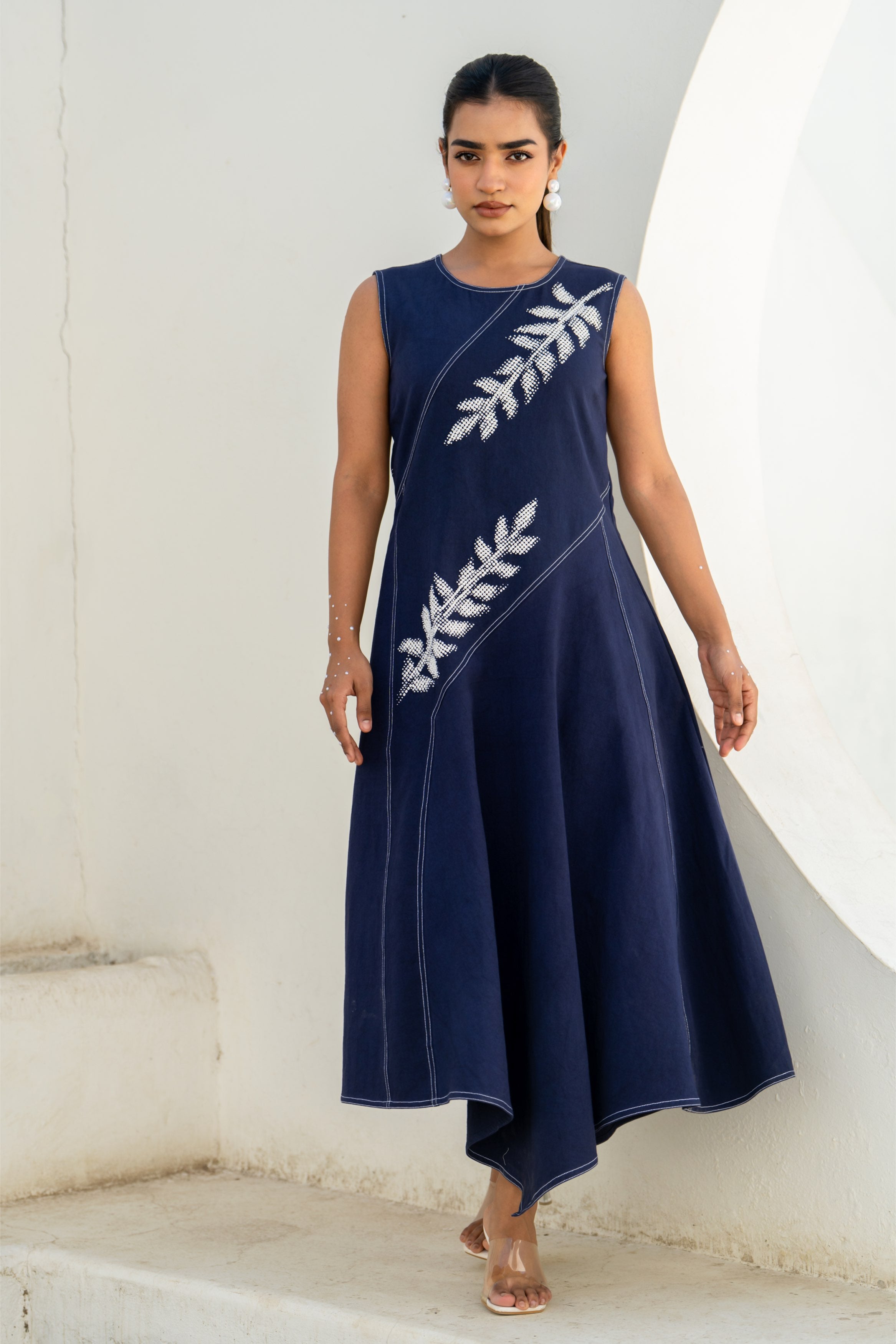 Pixelated Leaf Denim Asymmetrical Dress