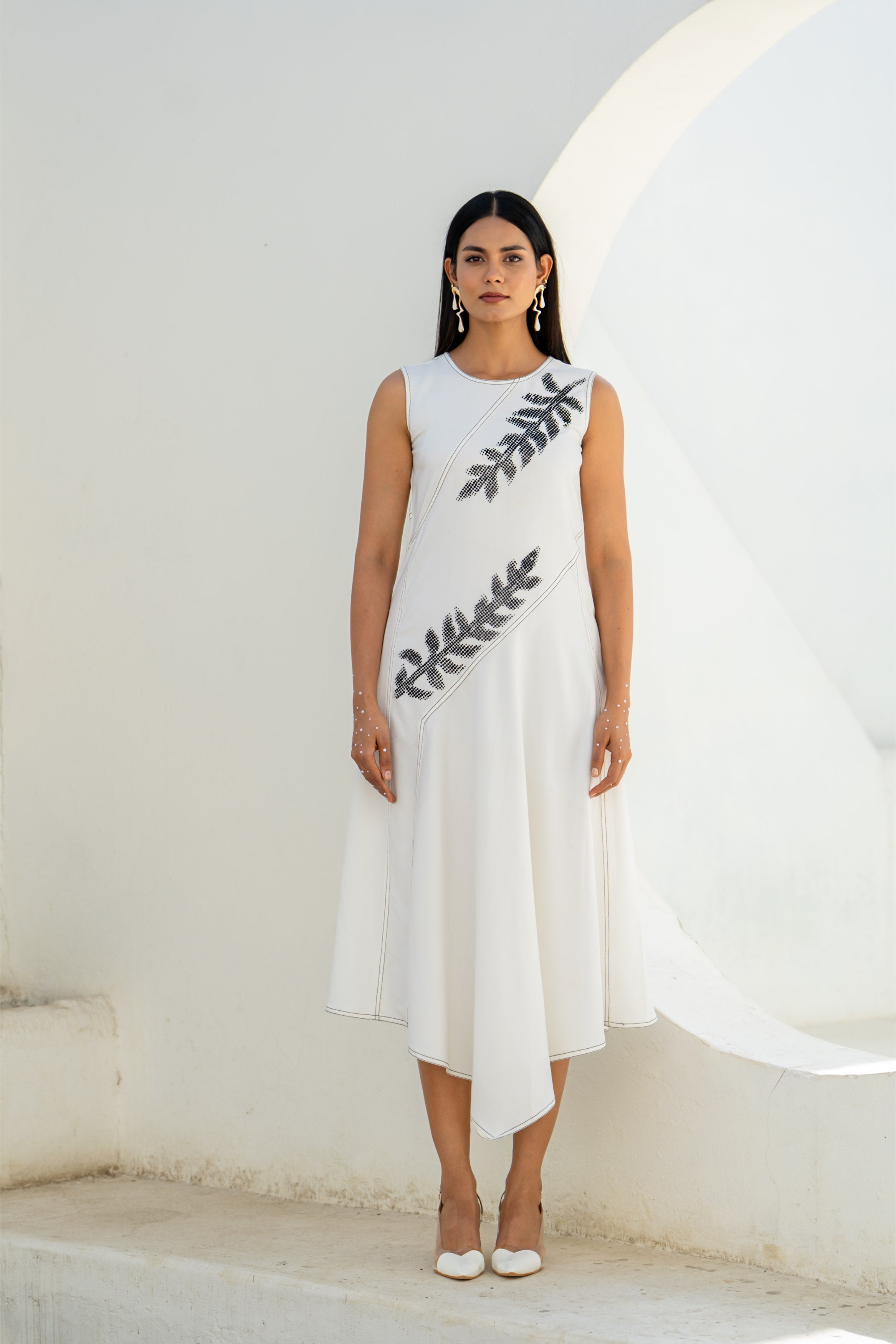 Pixelated Leaf White Flowy Asymmetrical Dress