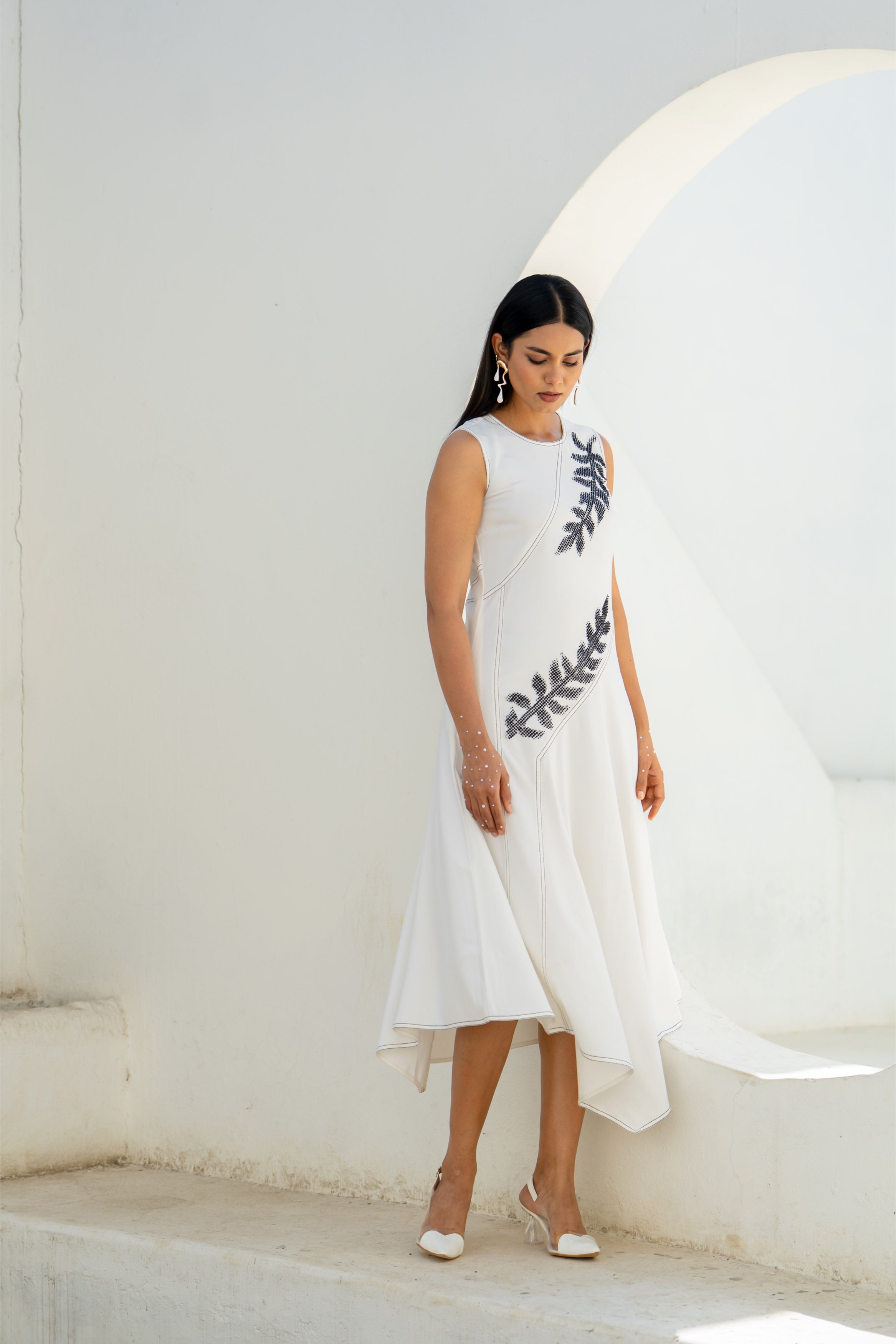 Pixelated Leaf White Flowy Asymmetrical Dress