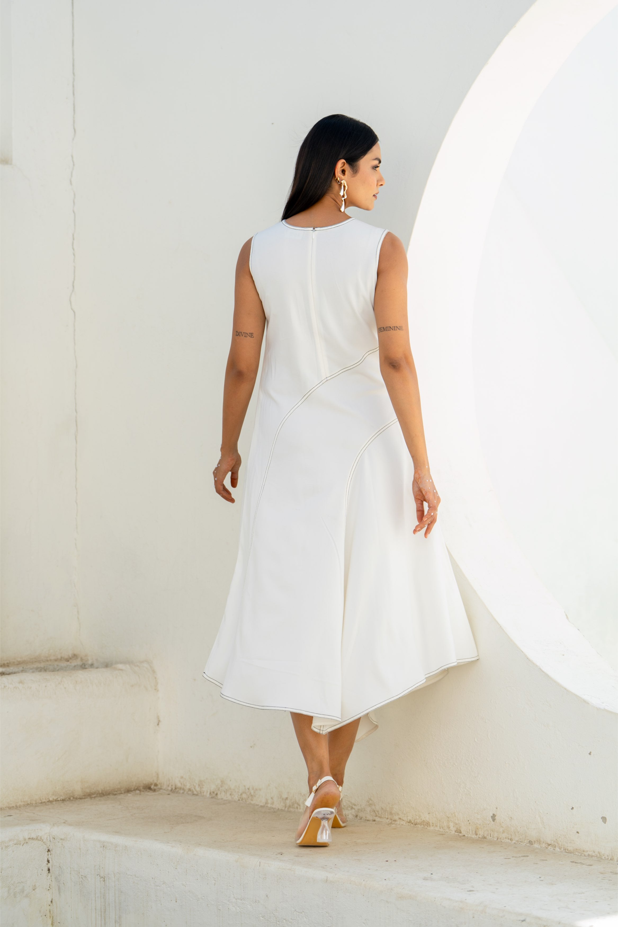 Pixelated Leaf White Flowy Asymmetrical Dress