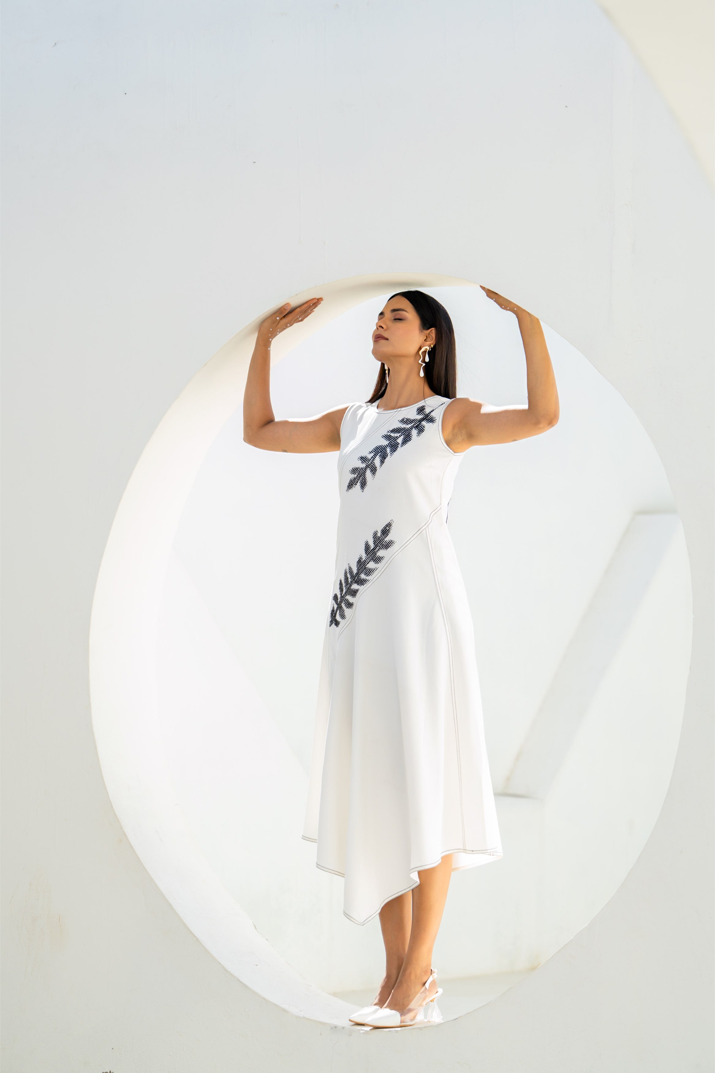 Pixelated Leaf White Flowy Asymmetrical Dress