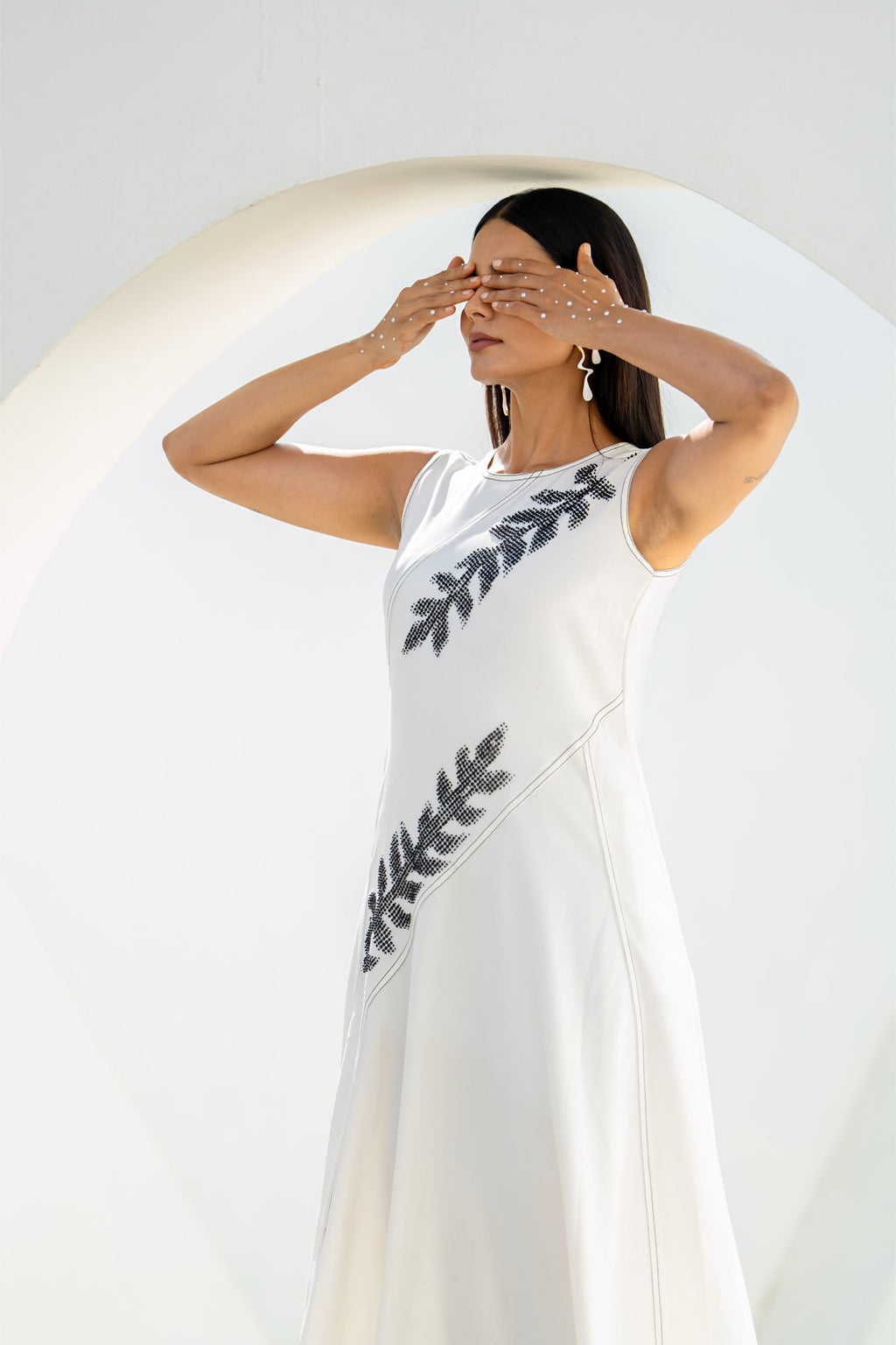Pixelated Leaf White Flowy Asymmetrical Dress