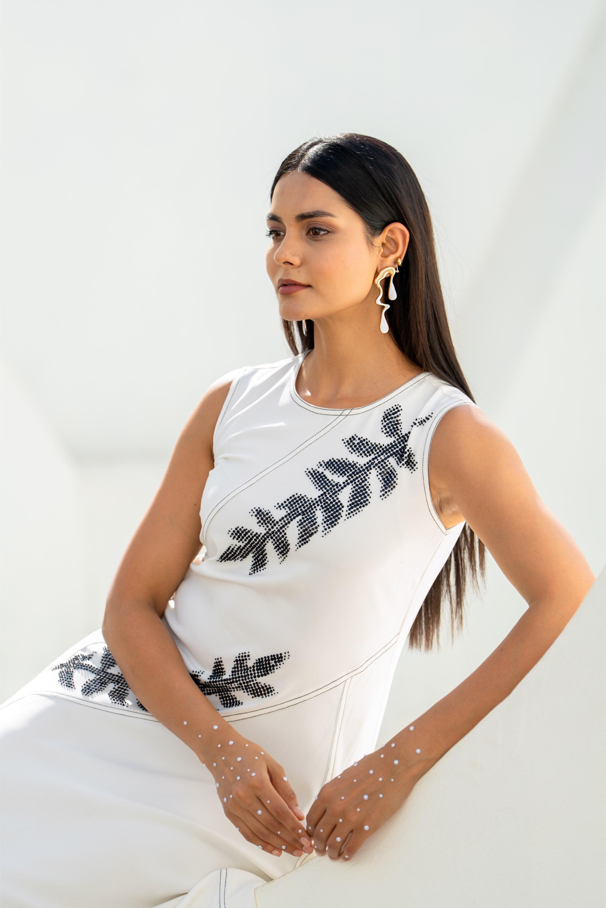 Pixelated Leaf White Flowy Asymmetrical Dress