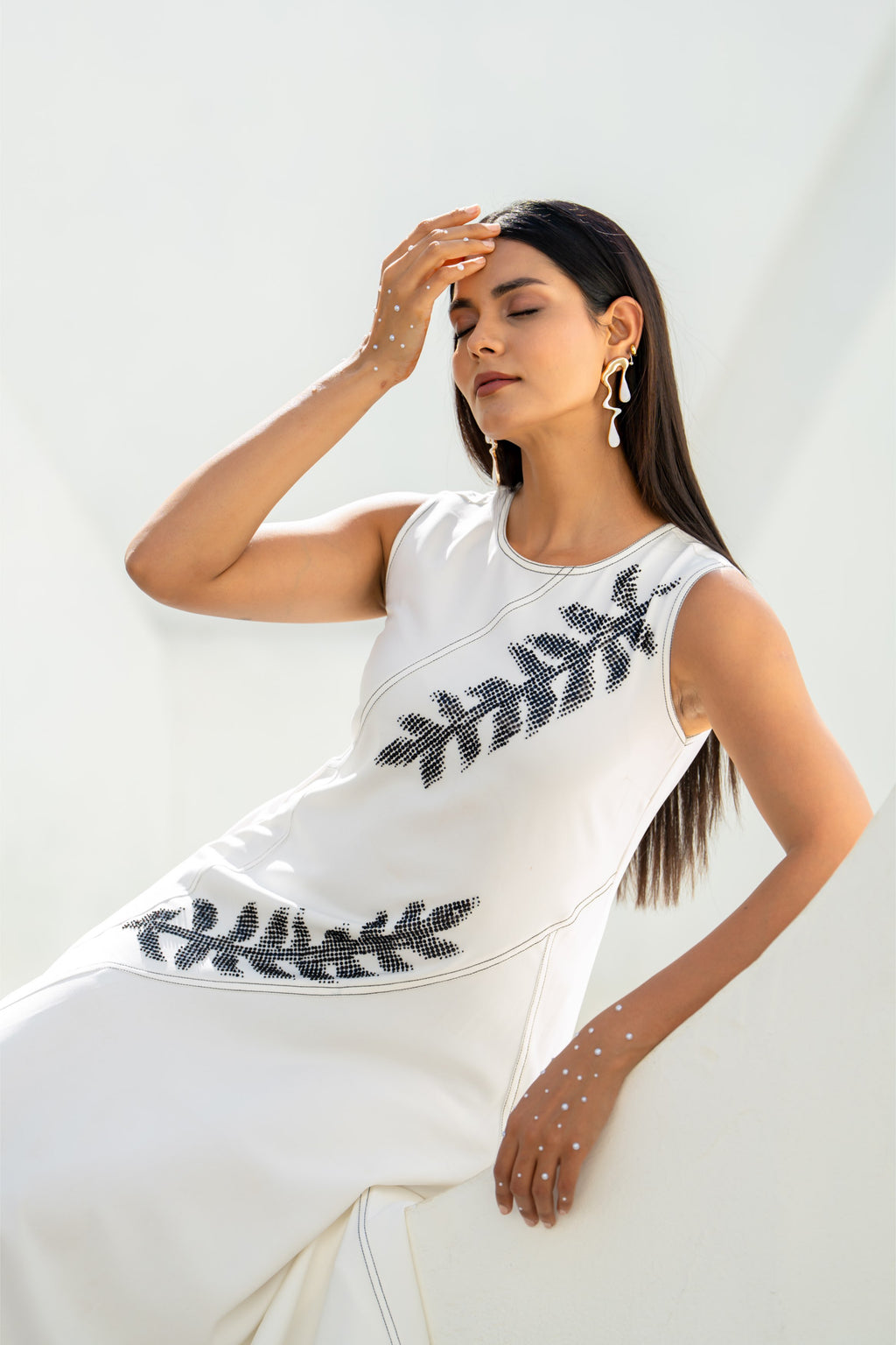Pixelated Leaf White Flowy Asymmetrical Dress