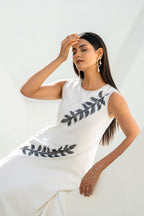 Pixelated Leaf White Flowy Asymmetrical Dress