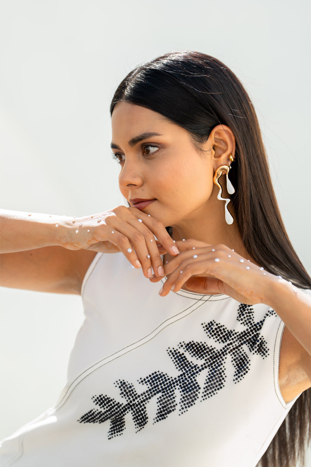 Pixelated Leaf White Flowy Asymmetrical Dress