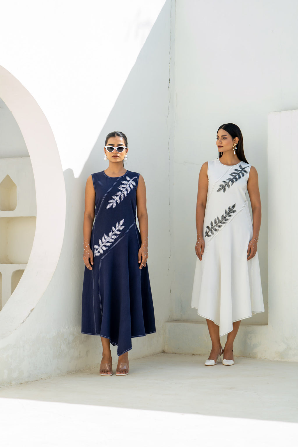 Pixelated Leaf White Flowy Asymmetrical Dress