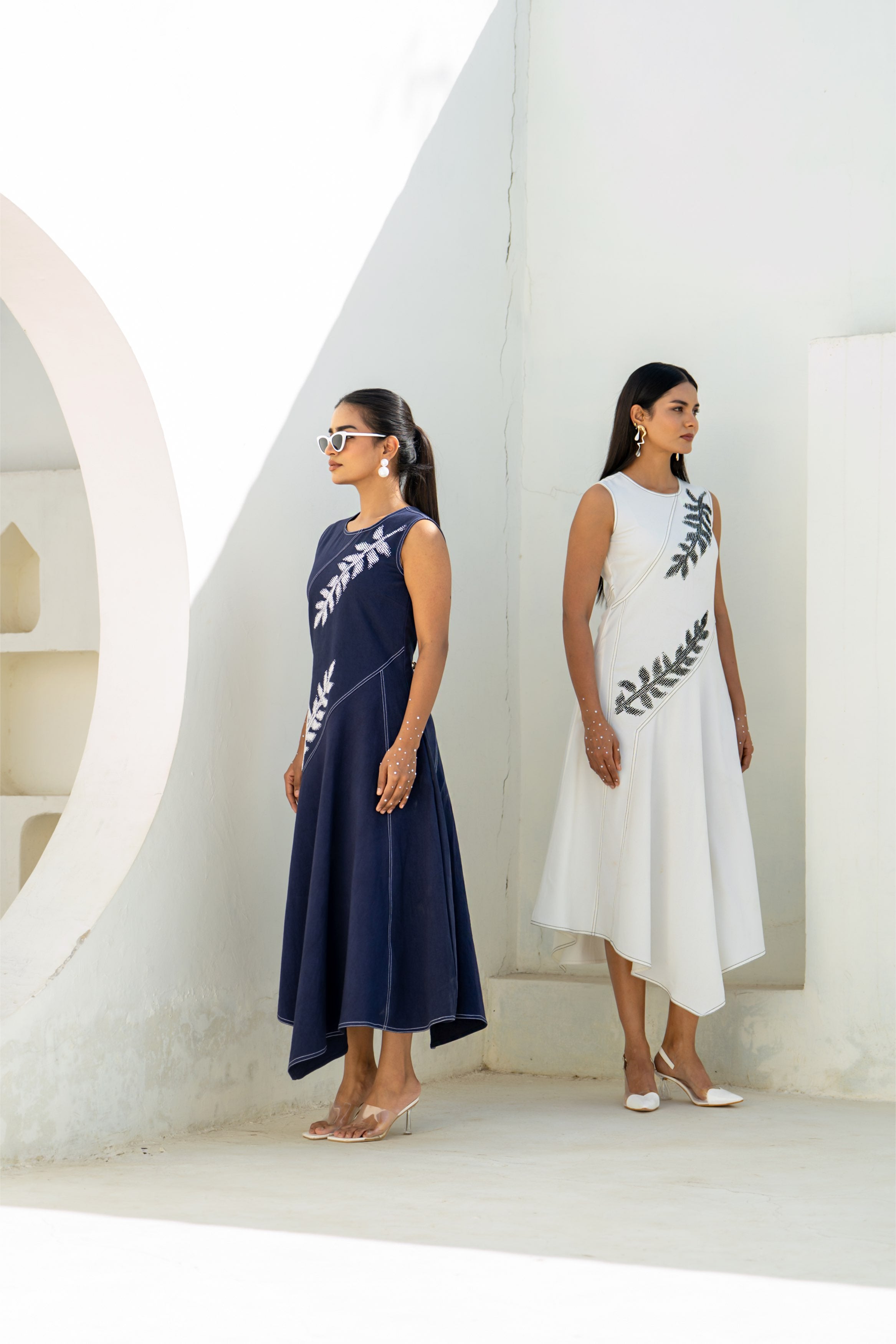 Pixelated Leaf White Flowy Asymmetrical Dress