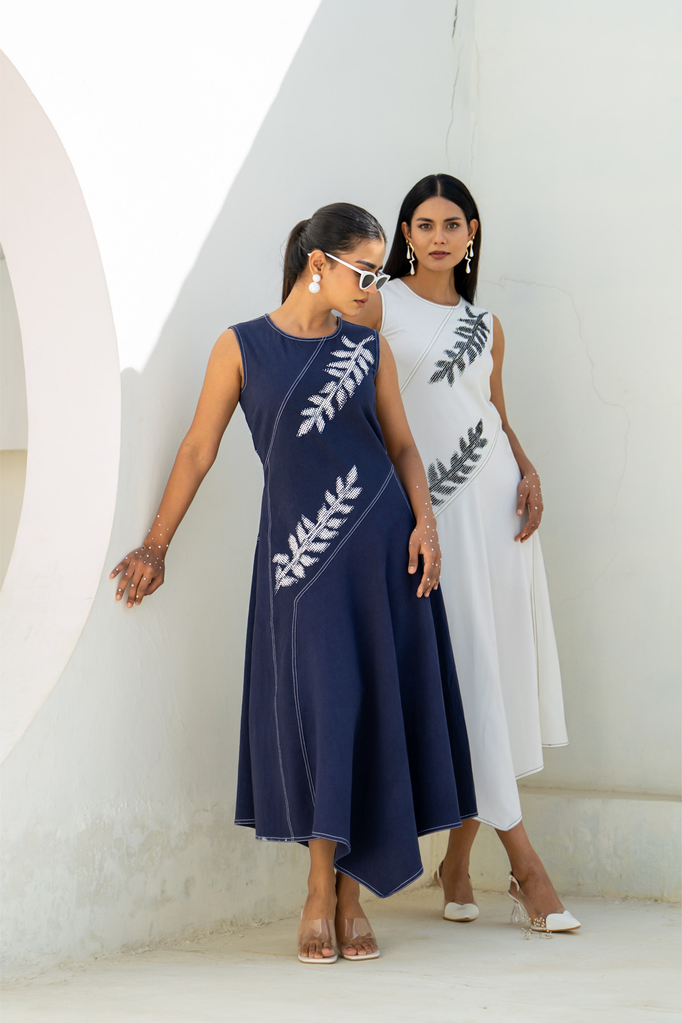 Pixelated Leaf White Flowy Asymmetrical Dress