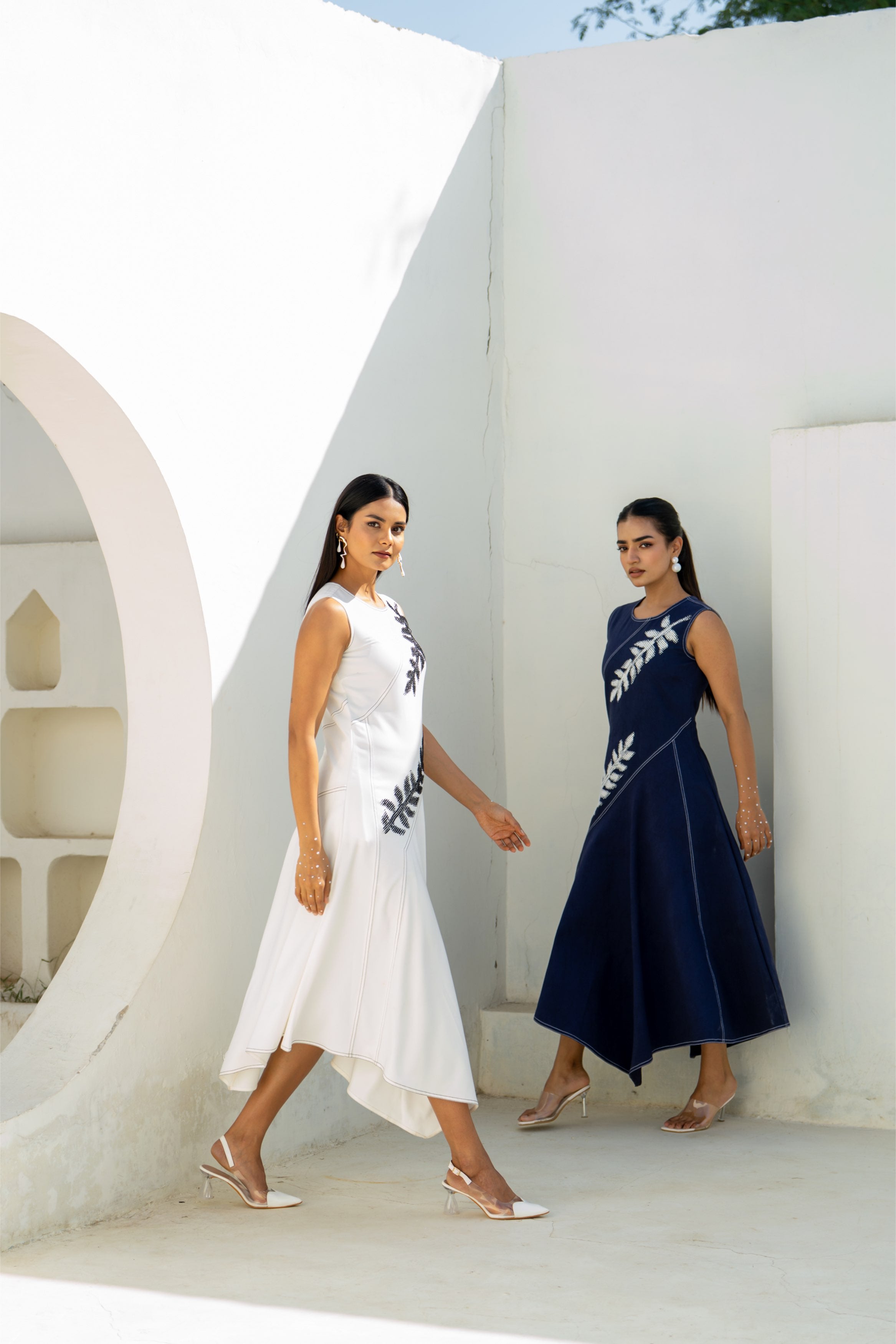 Pixelated Leaf White Flowy Asymmetrical Dress