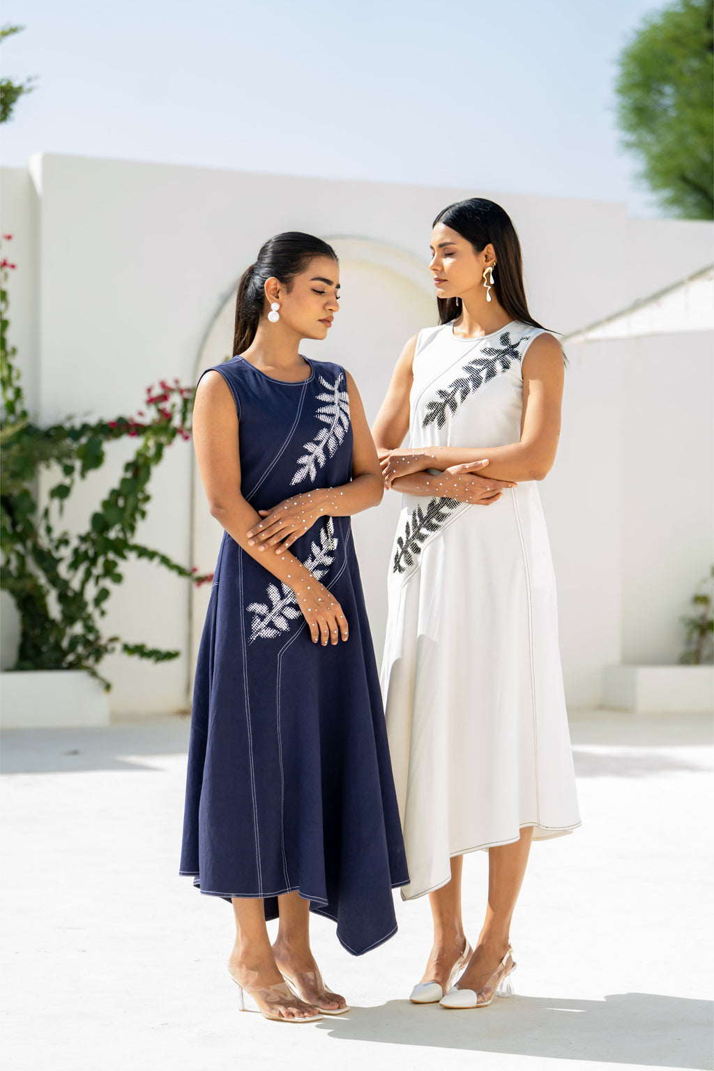 Pixelated Leaf White Flowy Asymmetrical Dress