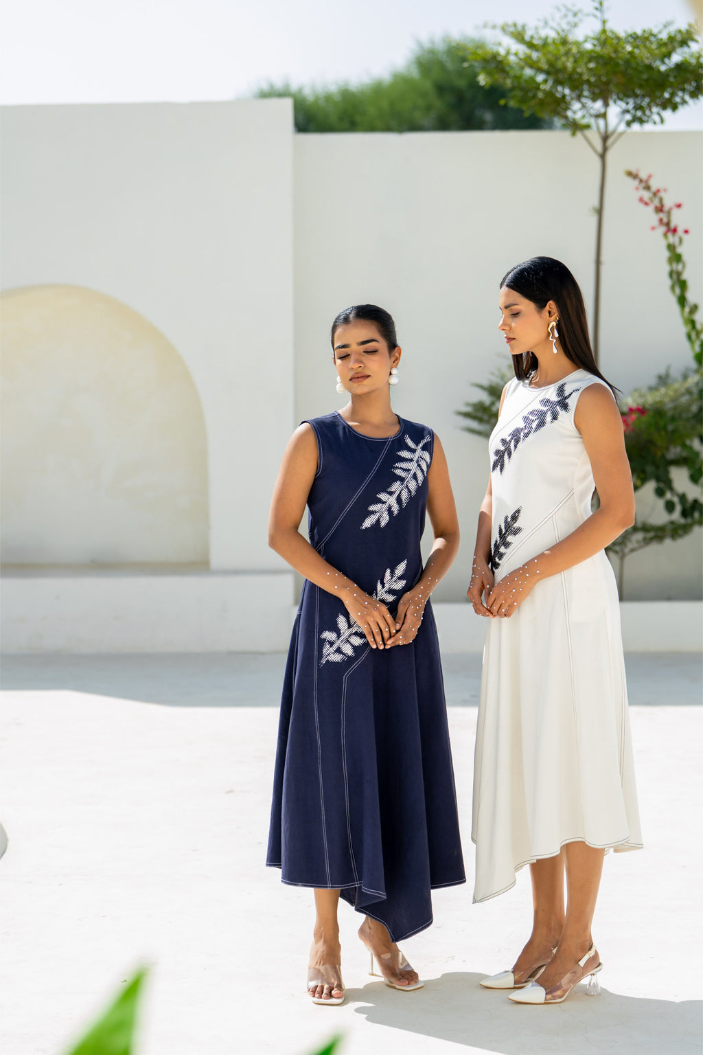Pixelated Leaf White Flowy Asymmetrical Dress