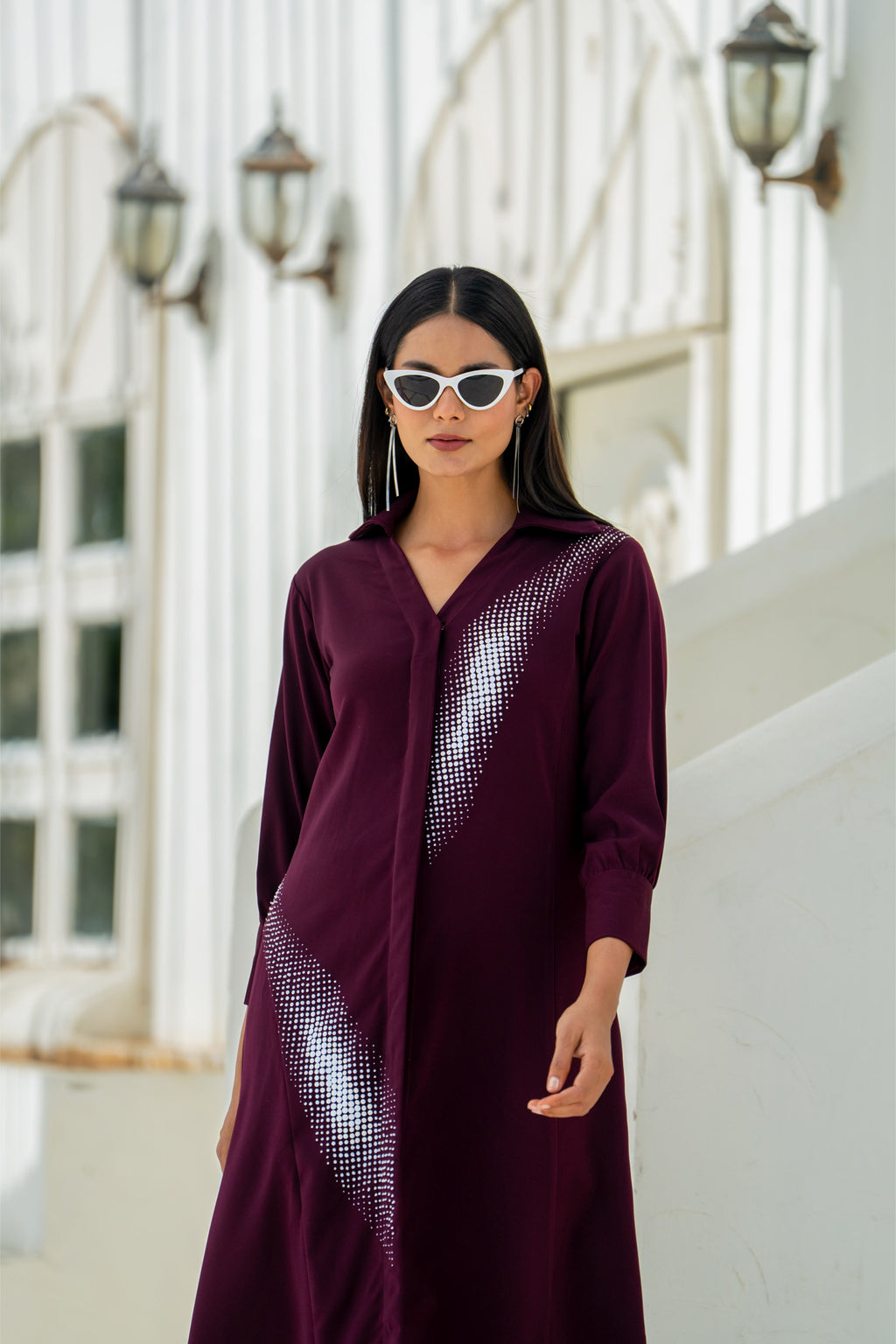 Deep Wine Gradient Shadow Hand Embellished Dress
