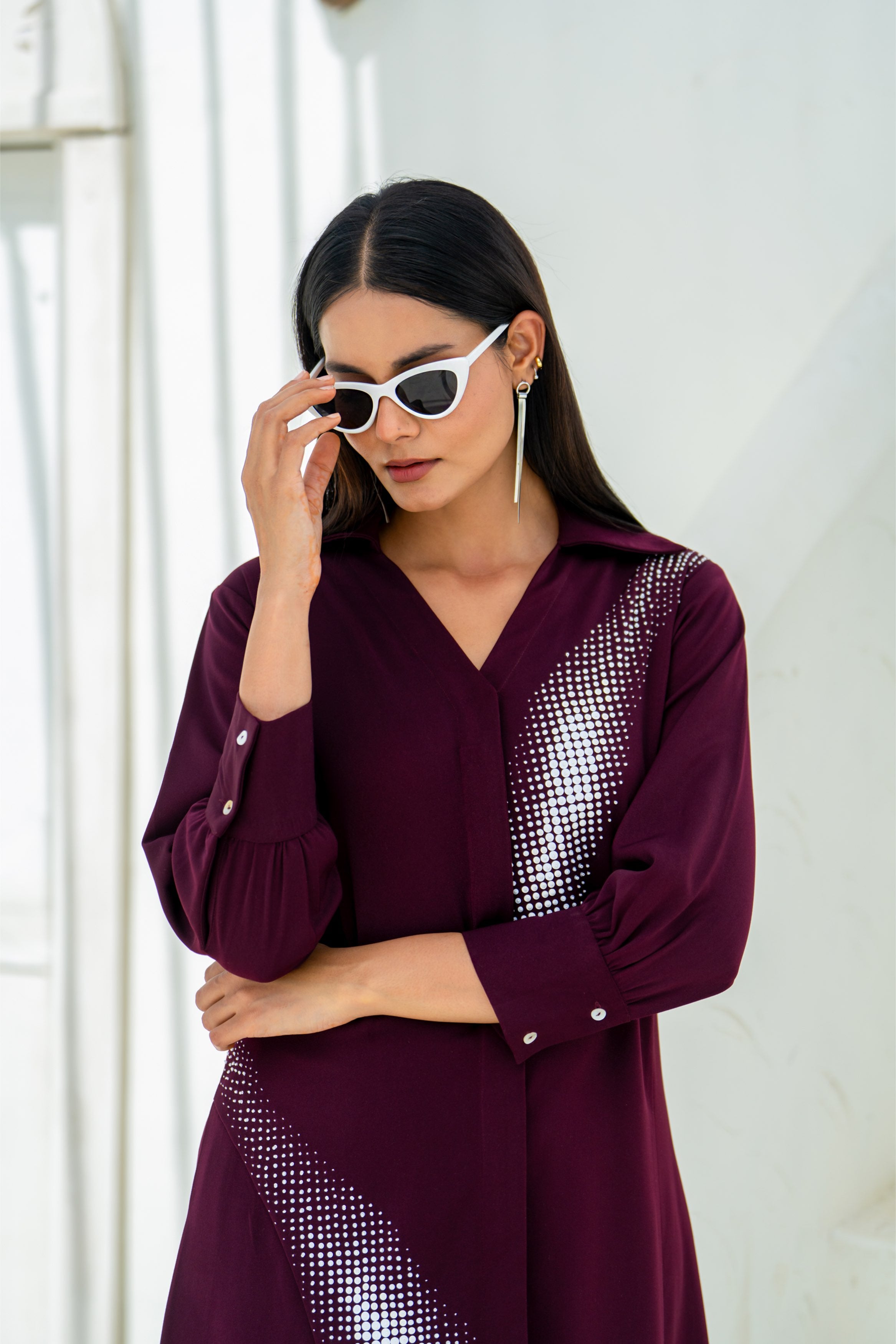 Deep Wine Gradient Shadow Hand Embellished Dress