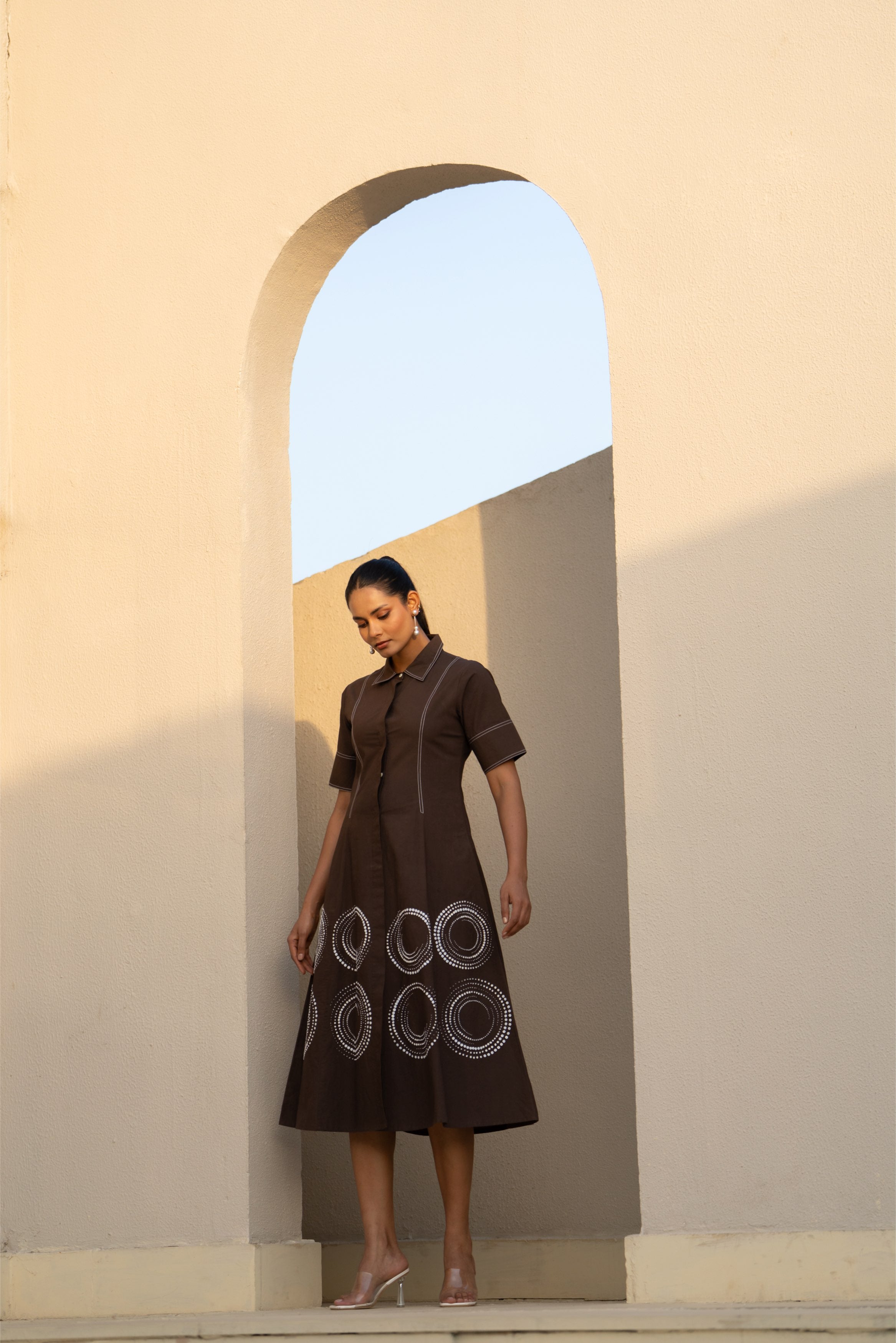 Brown Orbit Panel Shirt Dress