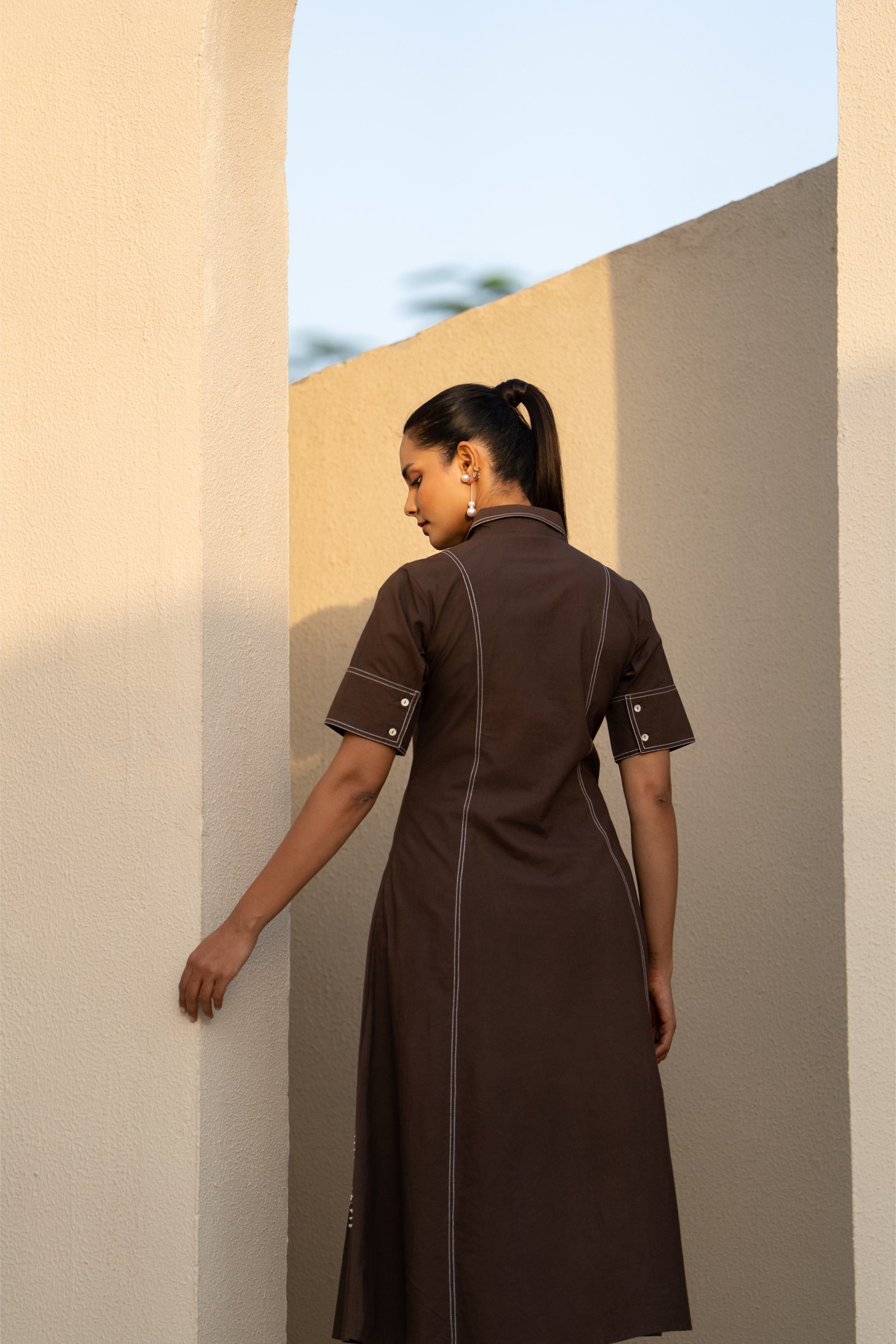 Brown Orbit Panel Shirt Dress