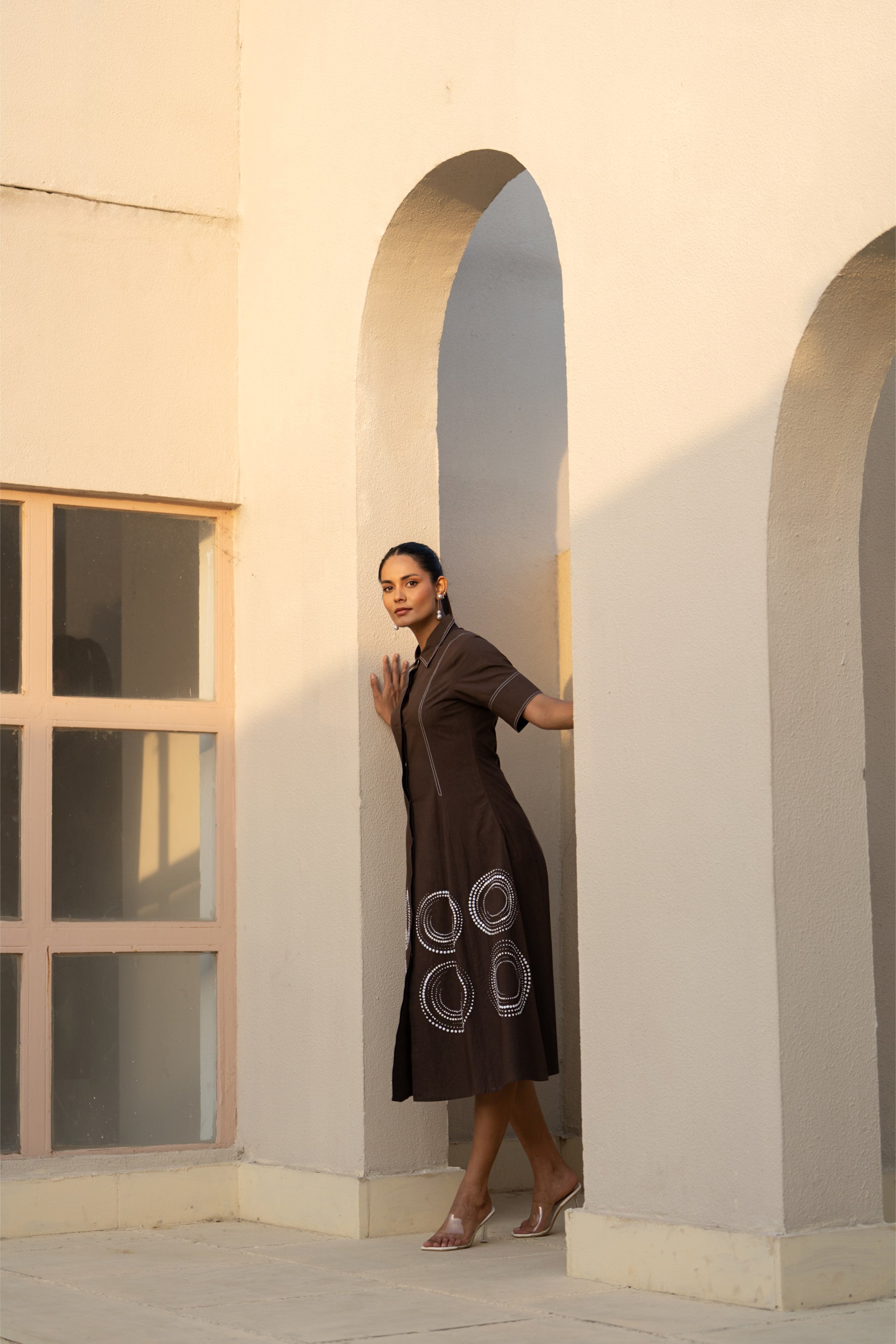 Brown Orbit Panel Shirt Dress